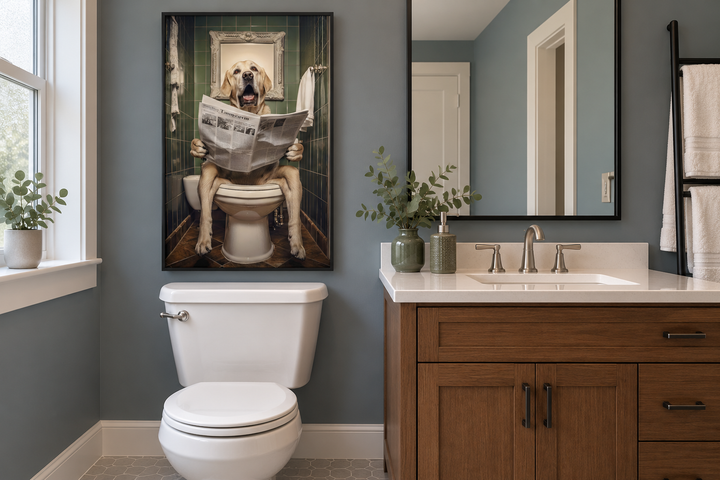 Framed wall art of a white Labrador Retriever sitting on a toilet reading a newspaper in a bathroom.