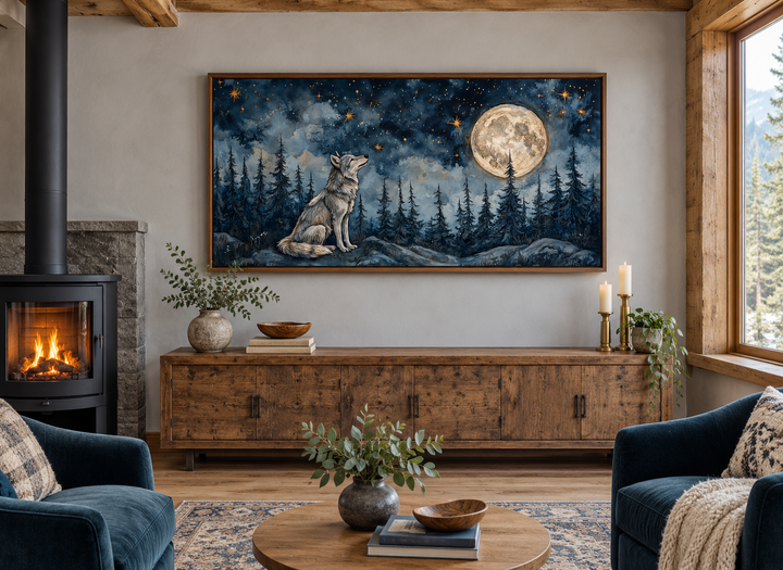 Wolf under full moon canvas art in a rustic cabin living room above a wooden console.