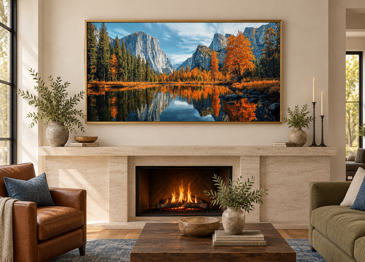 Framed canvas wall art of a Yosemite National Park painting hanging above a fireplace.