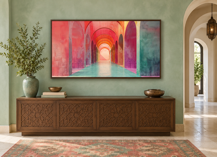 Mediterranean Archways Wall Art in a walnut frame above a wooden console in a green room.