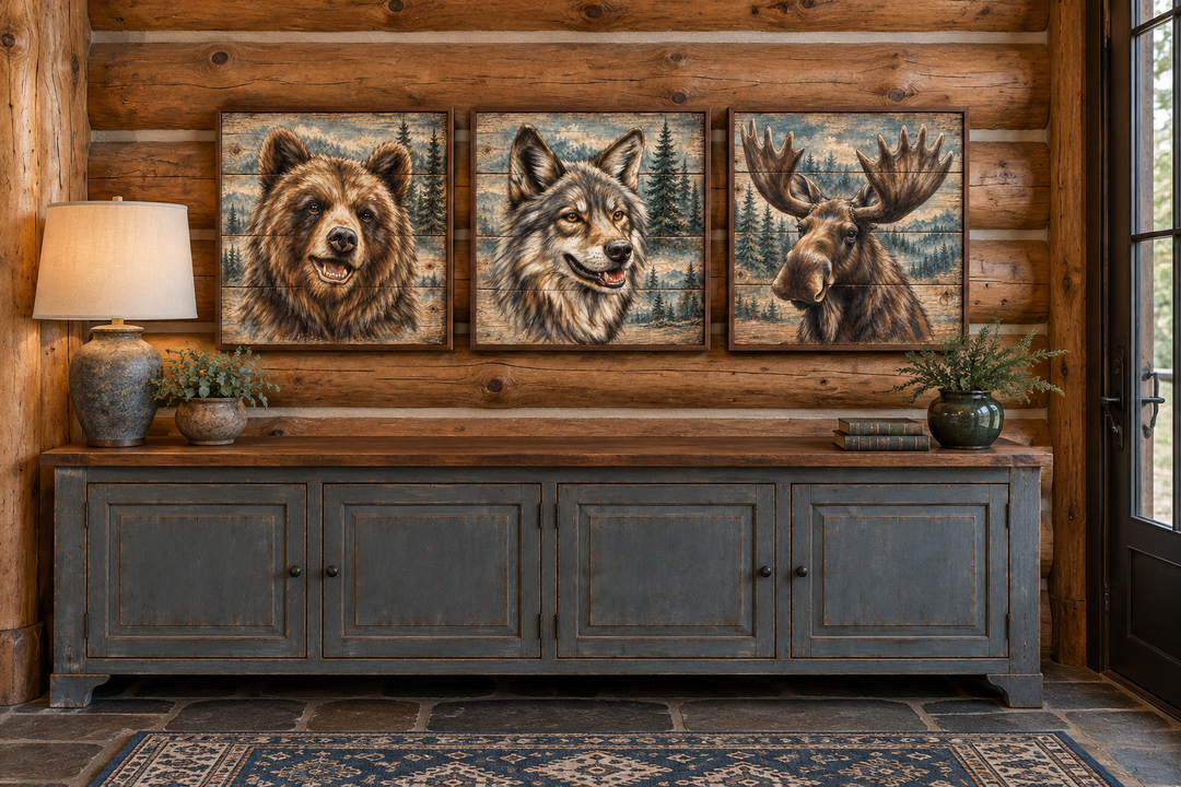 Set of three framed wildlife canvas prints featuring a bear, wolf, and moose on a log cabin wall.