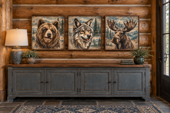 Set of three framed wildlife canvas prints featuring a bear, wolf, and moose on a log cabin wall.