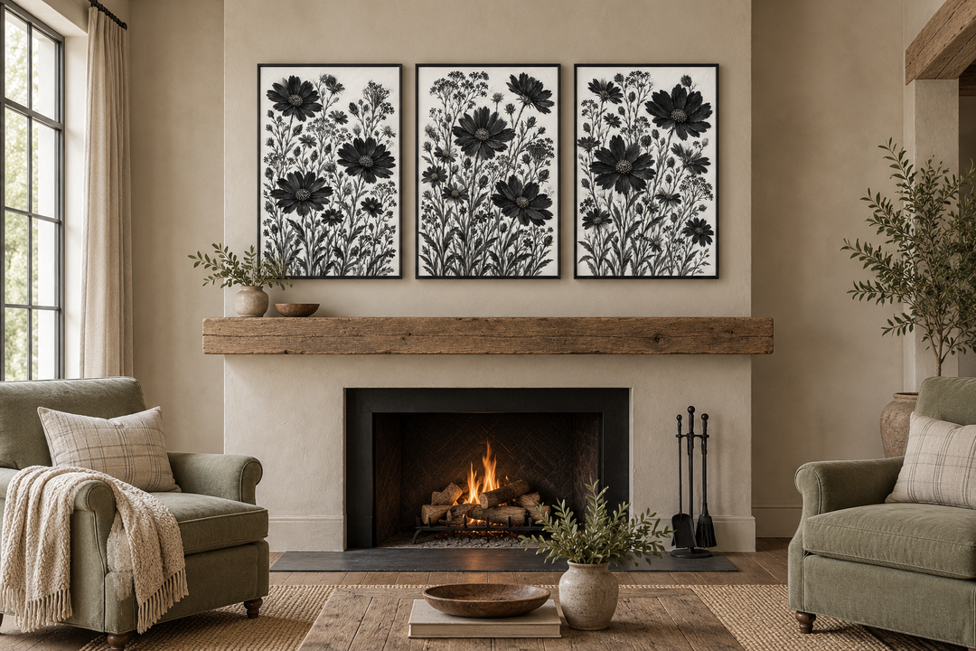 Set of 3 black and white wildflower canvas prints in black frames above a rustic fireplace mantel.