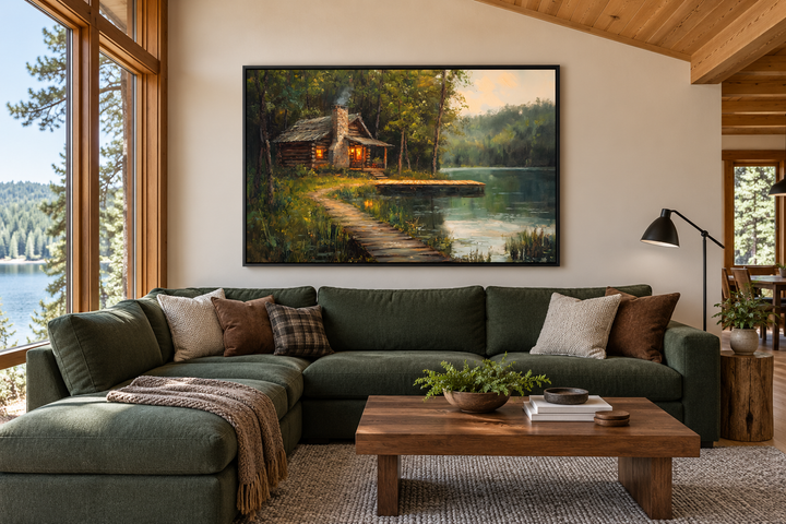 Cabin On The Lake Framed Canvas Wall Art hanging above a green sectional sofa in a rustic room.