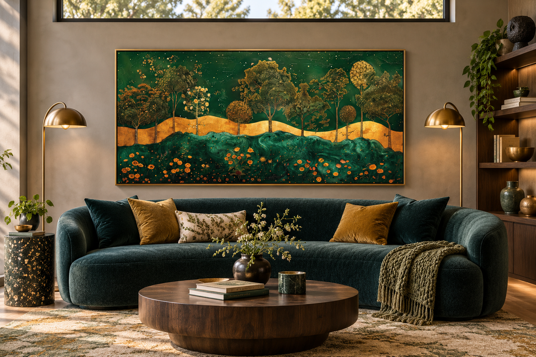 Emerald green and gold Art Nouveau framed canvas print with a tree motif above a dark green sofa.