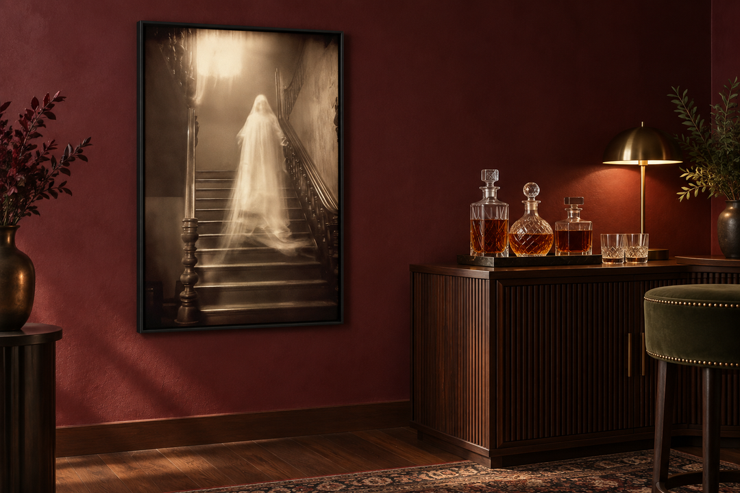 Framed canvas wall art of a ghostly figure on a staircase in a dark, moody room with a home bar.