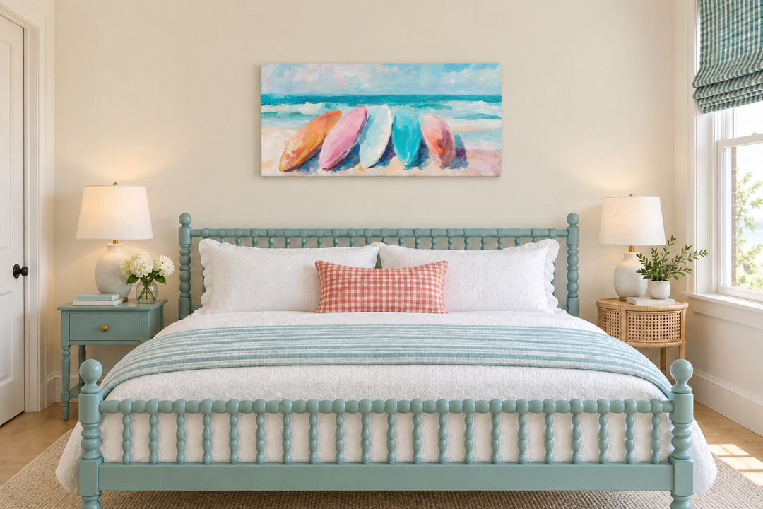 Coastal canvas wall art with pastel surfboards on a beach, hanging above a blue spindle bed.
