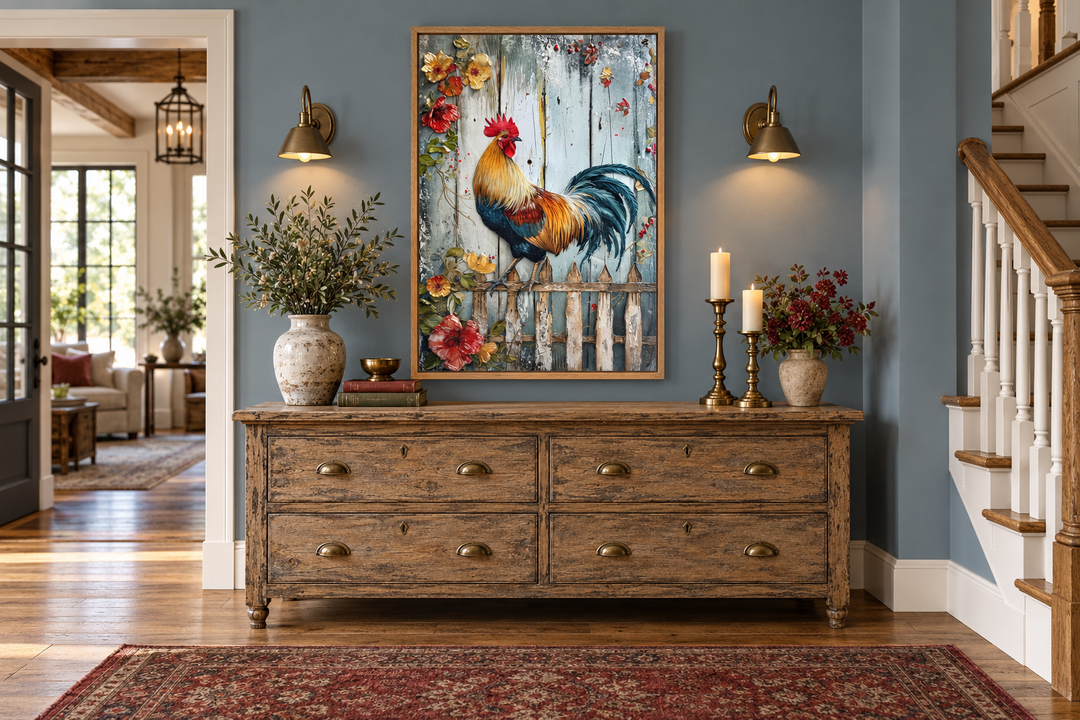 Rooster on a fence rustic farmhouse framed canvas wall art hanging above a wooden dresser.