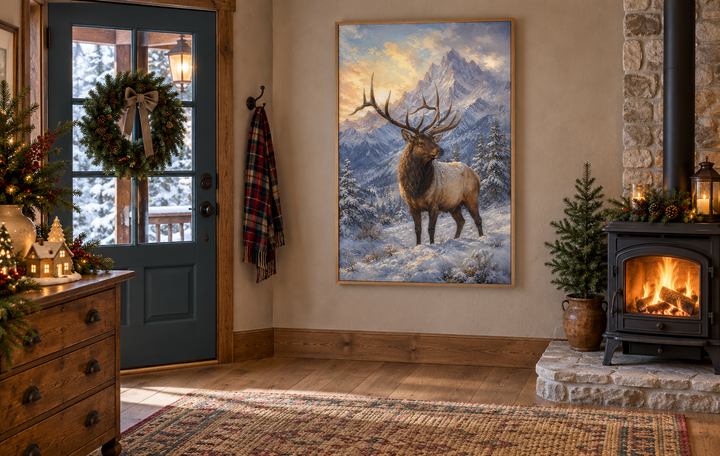 Elk in Snowy Mountains Framed Canvas Wall Art hanging in a cozy winter cabin entryway.