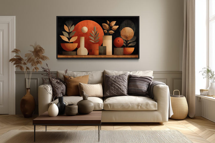 Boho Terracotta Wall Art - Abstract Canvas Print with Vases and Leaves for Neutral Decor