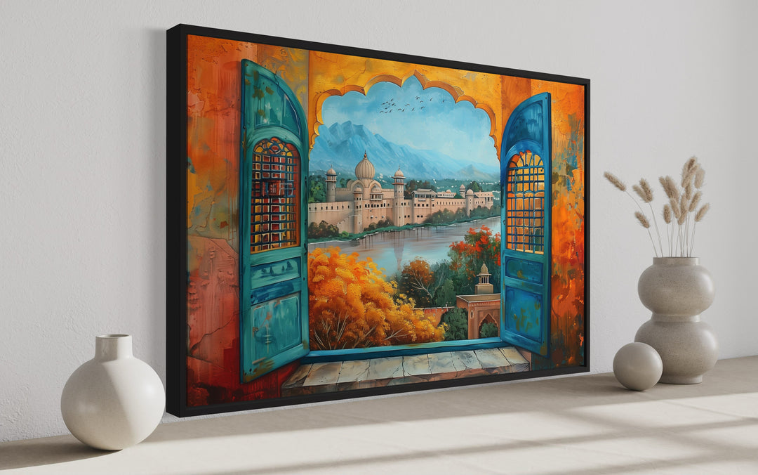 Window to India Canvas Wall Art - Vibrant Indian Grand Palace Landscape side view