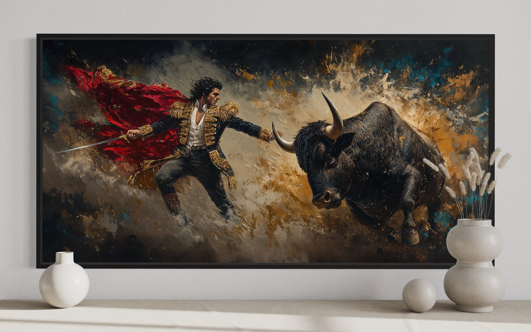 Spanish Matador Fighting Bull Canvas Wall Art close up