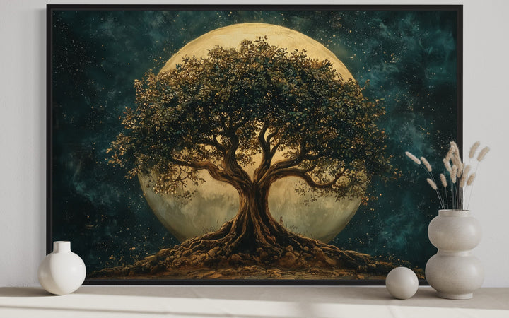 Green Tree Of Life At Night Under Big Moon Framed Canvas Wall Art close up