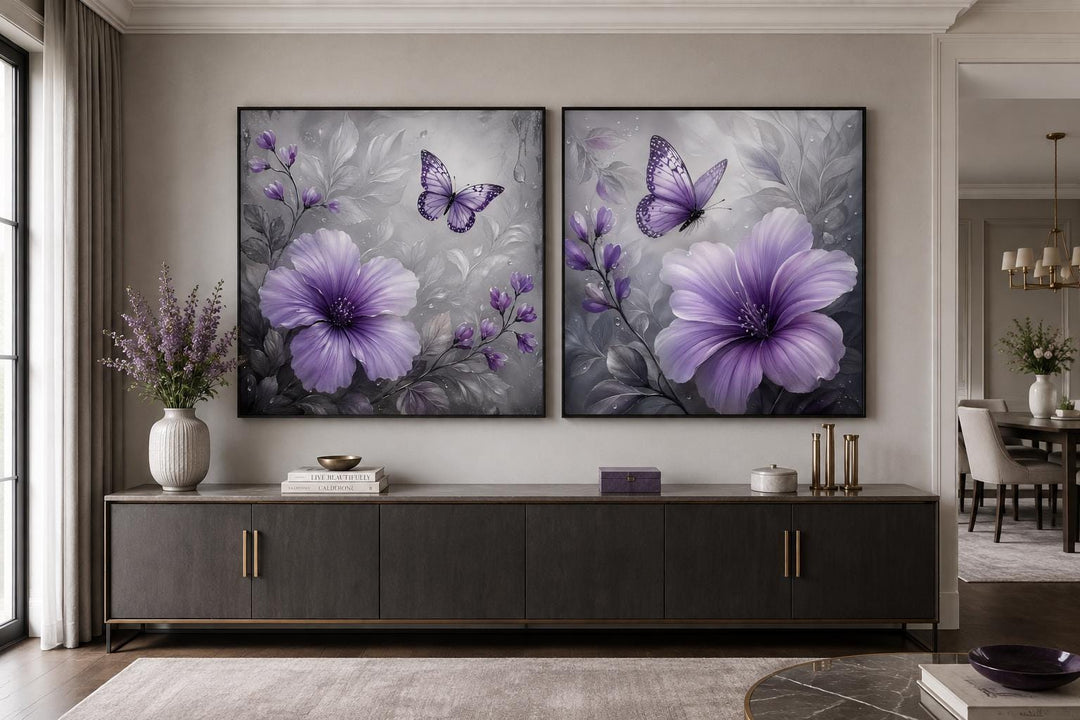 Set of 2 purple hibiscus flower paintings with butterflies on a moody gray floral background.