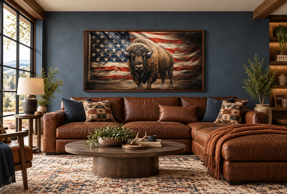 Framed bison canvas print with American flag background above a leather sofa in a rustic room.