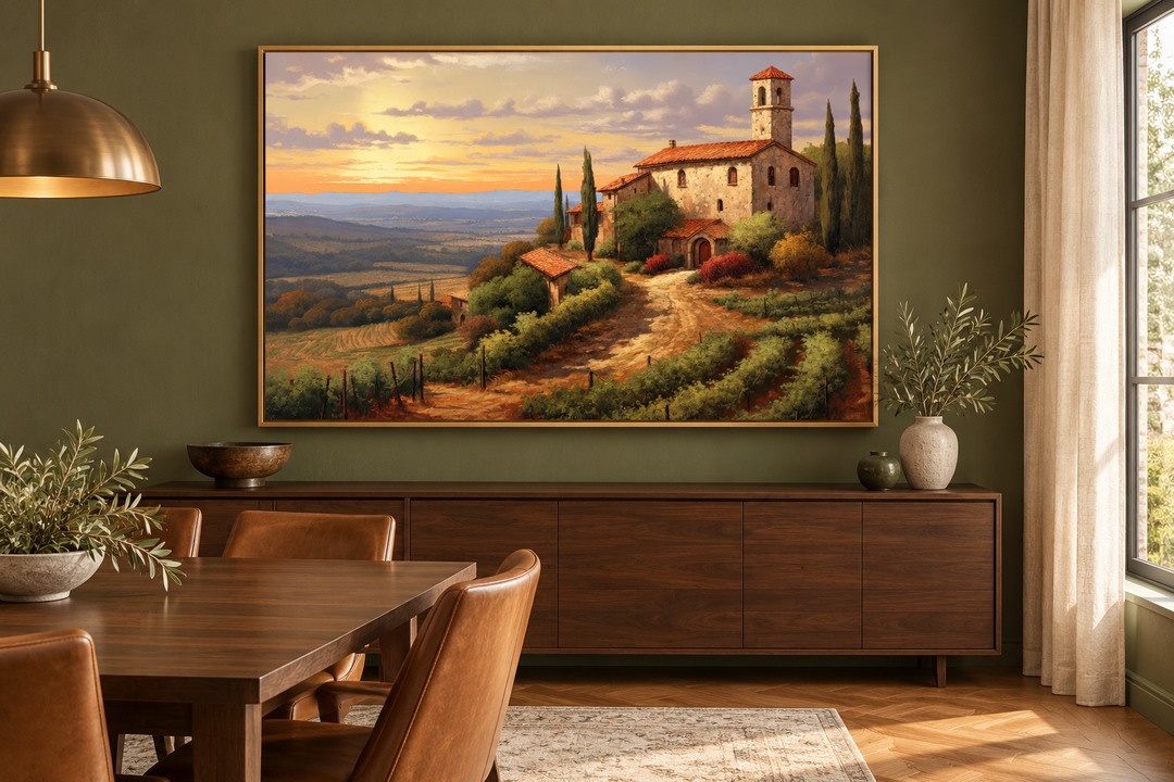 Framed canvas wall art of a Tuscan landscape with a stone villa and rolling hills in a dining room.
