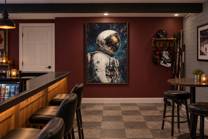 Astronaut Graffiti Framed Canvas Wall Art in a walnut frame on a dark red basement wall.