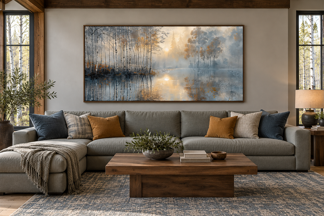 Horizontal canvas art of silver and gold birch trees over a lake, framed above a grey sectional.