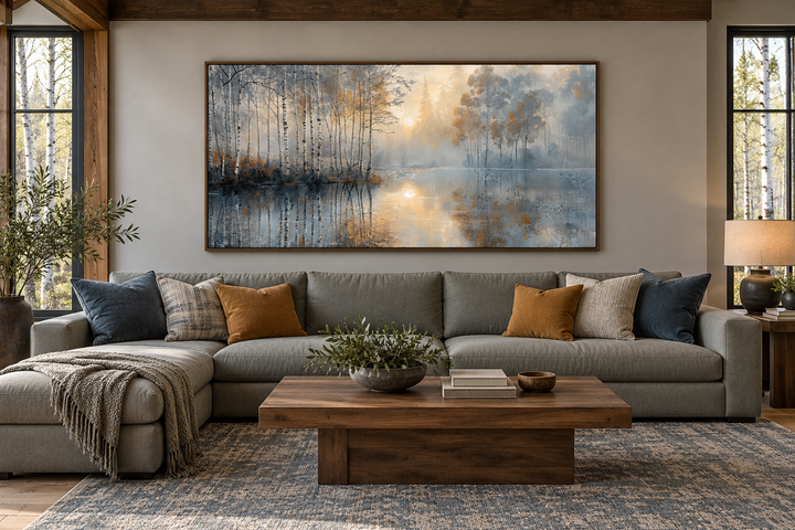 Horizontal canvas art of silver and gold birch trees over a lake, framed above a grey sectional.