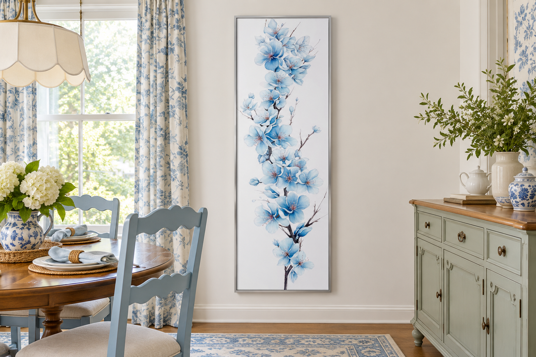Vertical canvas wall art featuring blue watercolor sakura blossoms on a white background.