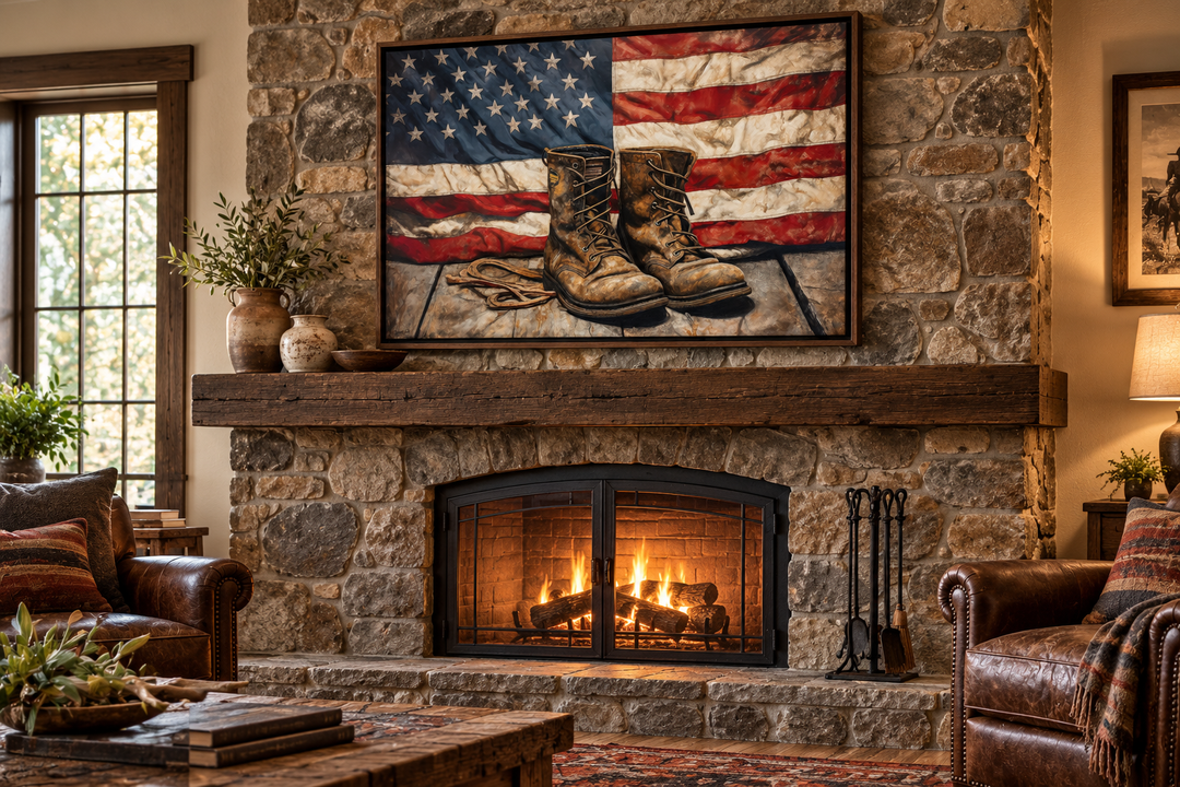 American flag and soldier boots military patriotic wall art above a stone fireplace.
