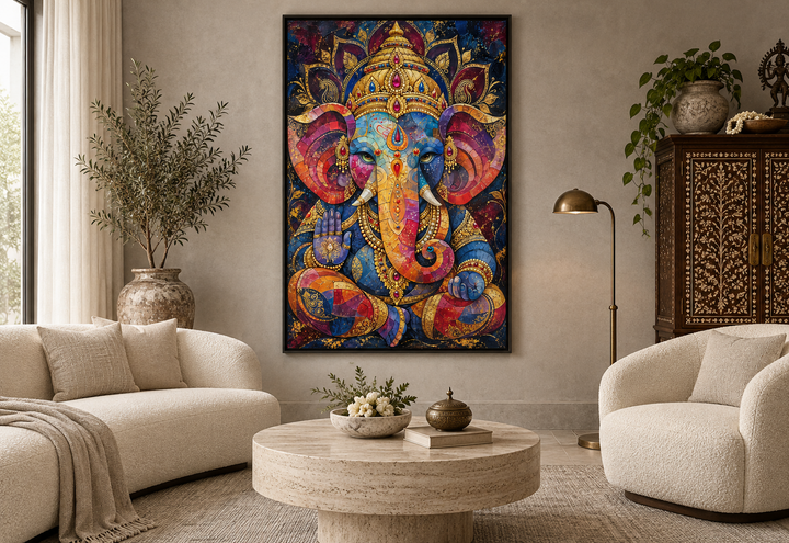 Colorful modern Lord Ganesha framed canvas wall art in a neutral living room setting.