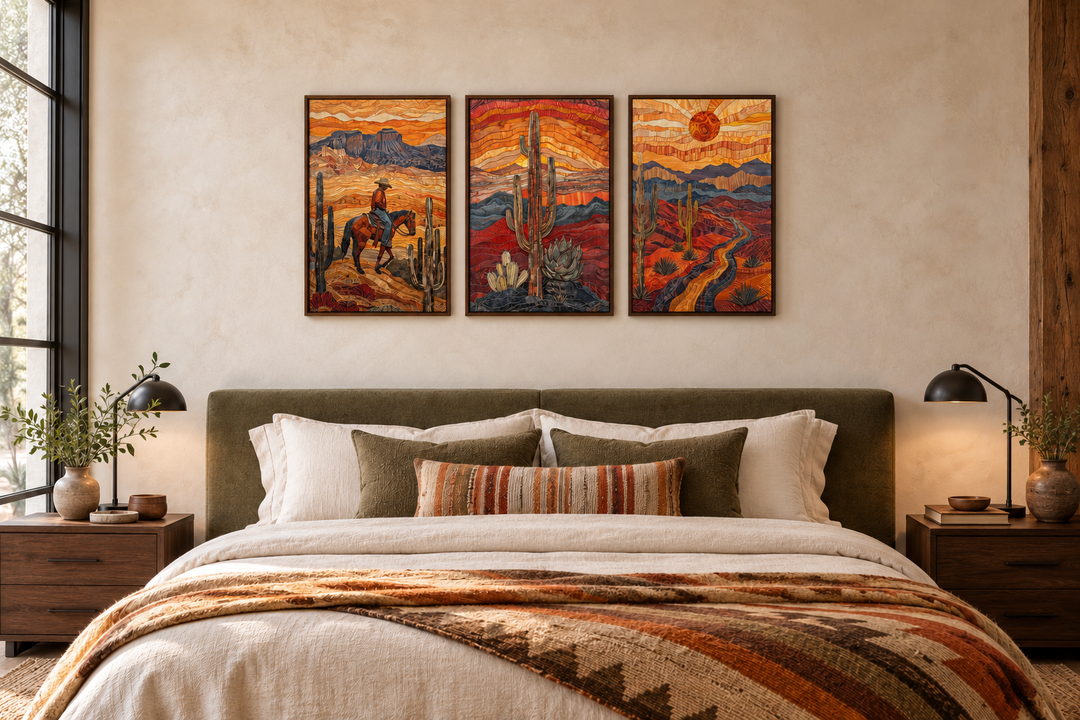 3 piece southwestern canvas wall art set with cowboy, saguaro cactus, and Arizona desert landscape.
