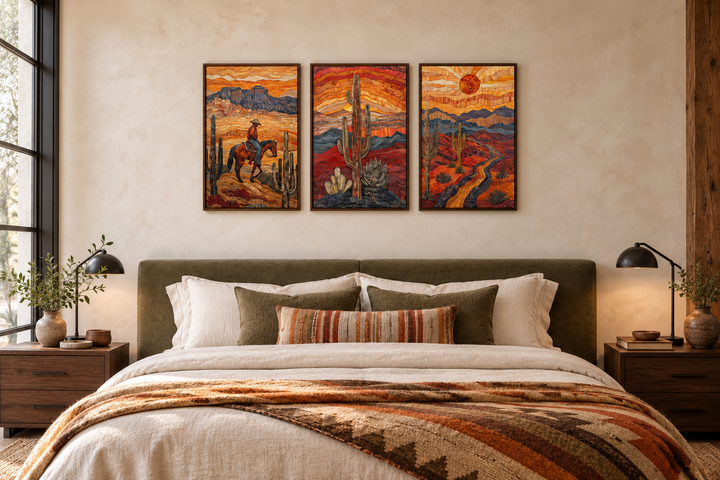 3 piece southwestern canvas wall art set with cowboy, saguaro cactus, and Arizona desert landscape.
