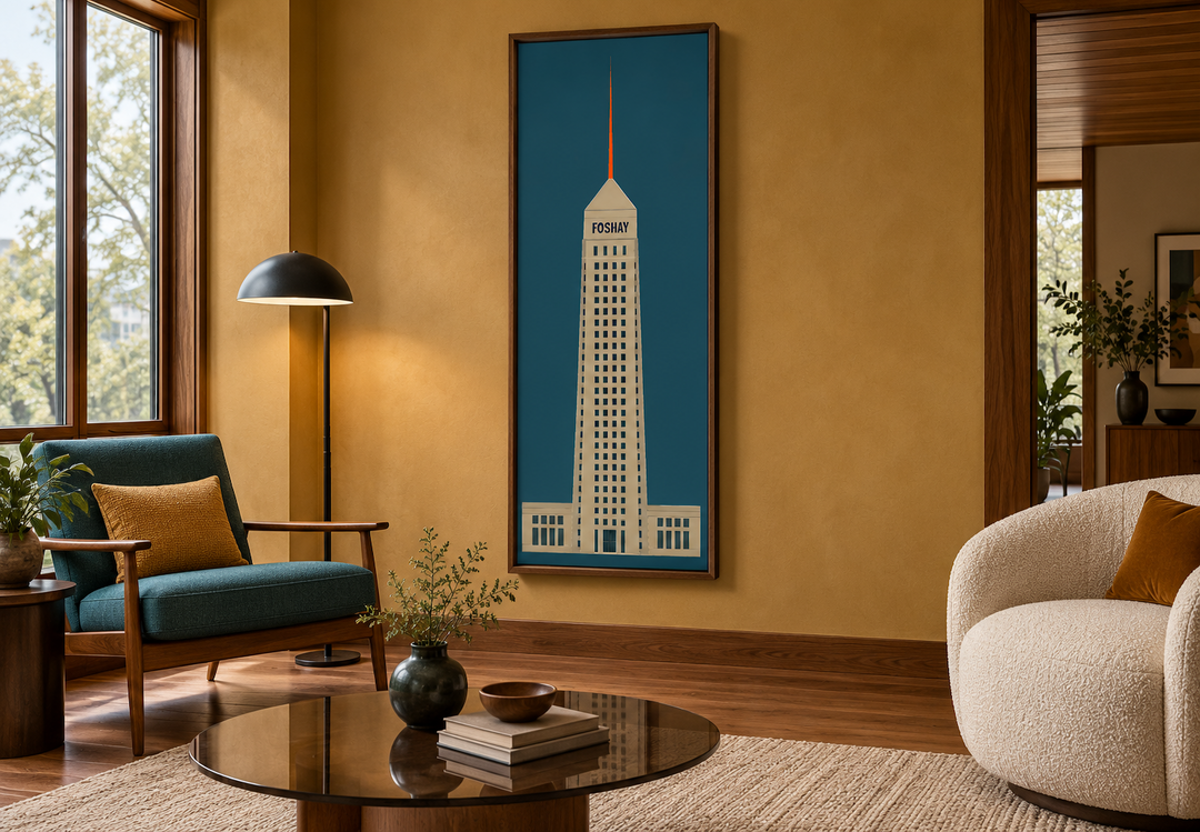 Tall vertical Foshay Tower minimalist architectural wall art in a walnut frame on an ochre wall.