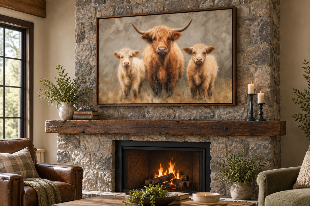 Highland Cow and Two Calves canvas wall art in a walnut frame above a stone fireplace mantel.