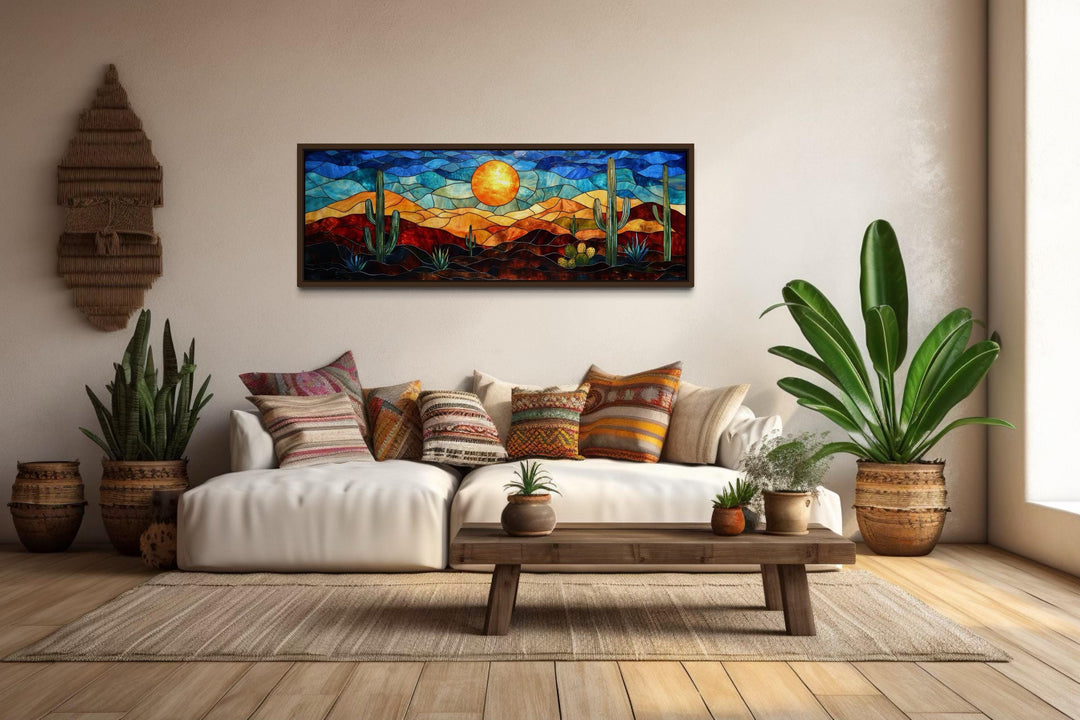 Southwest Desert Sunset Cactus Landscape Stained Glass Style Long Horizontal Canvas Wall Art