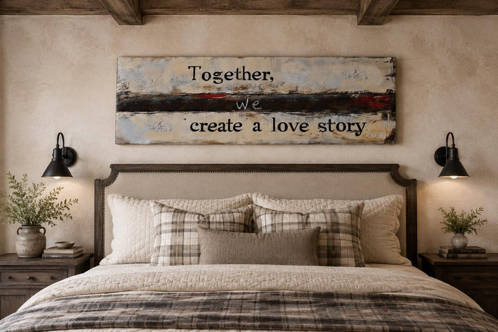 Rustic canvas wall art with "Together, We Create a Love Story" quote above a neutral-toned bed.