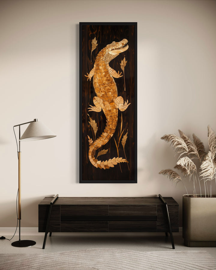 Tall Narrow Vertical Wooden Alligator Framed Canvas Wall Art in the hallway