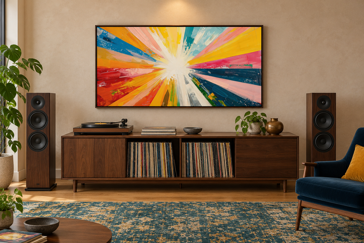 Boho Sun Rays Wall Art, a multicolored framed canvas print above a walnut record console.