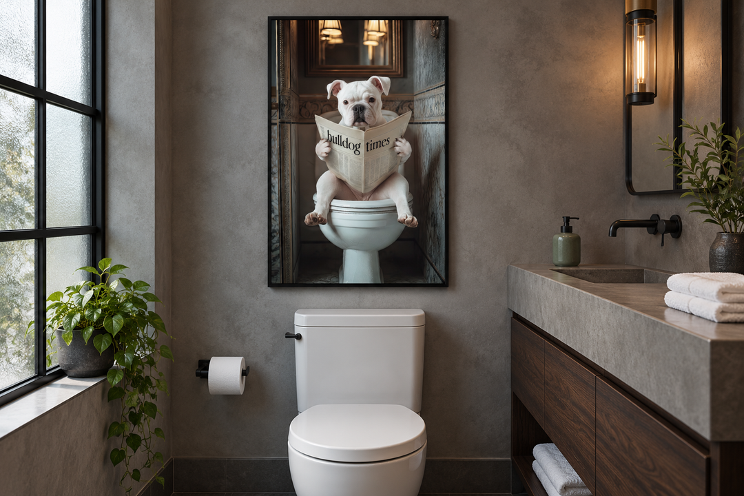 Framed wall art of an American Bulldog sitting on a toilet reading a newspaper in a bathroom.