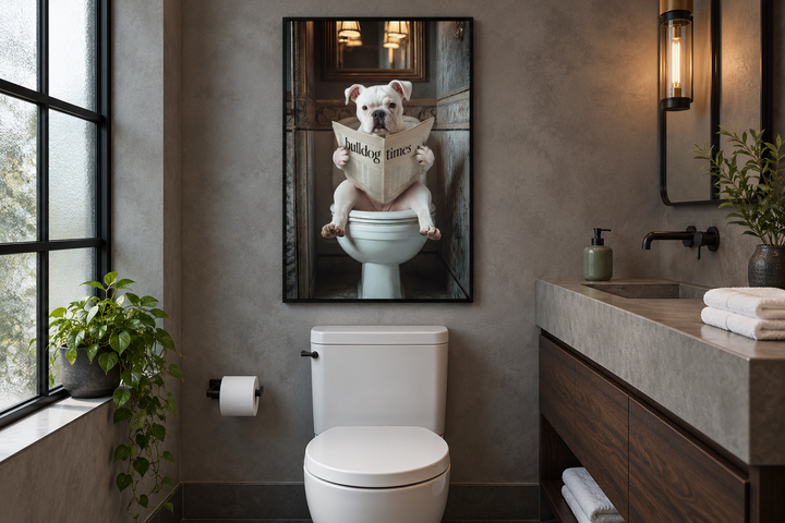 Framed wall art of an American Bulldog sitting on a toilet reading a newspaper in a bathroom.