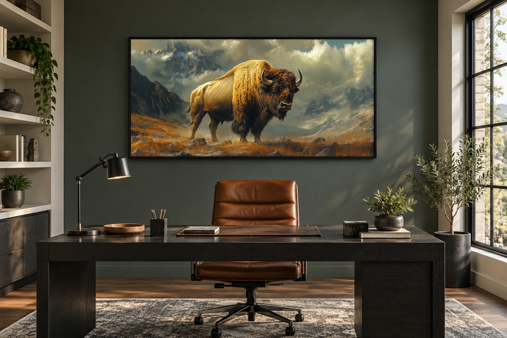 American Bison in Mountains framed canvas wall art hanging above a desk in a modern office.