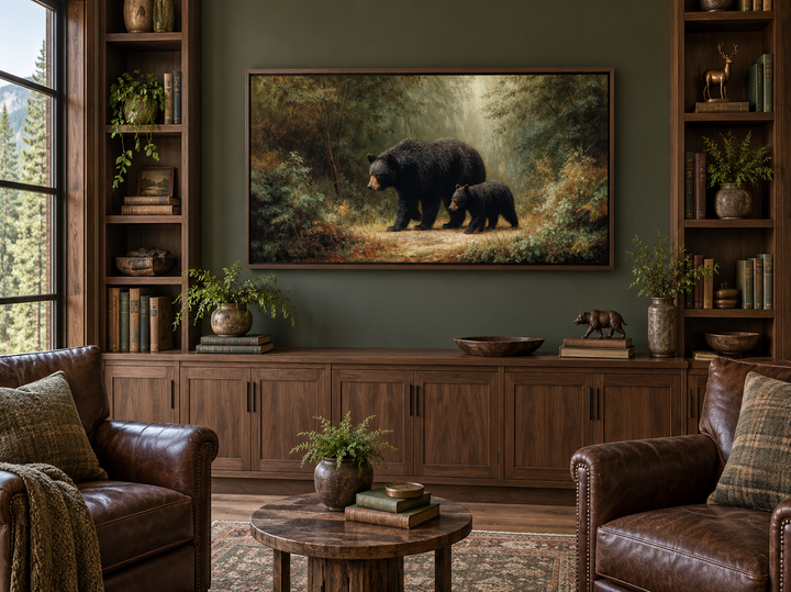 Black mama bear and cub in the forest canvas wall art displayed in a rustic library setting.