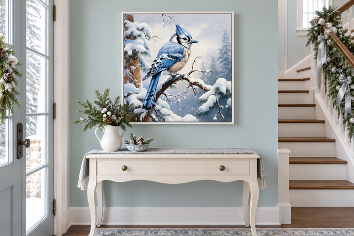 Blue Jay In Snow Winter Framed Canvas Wall Art For Christmas Decor