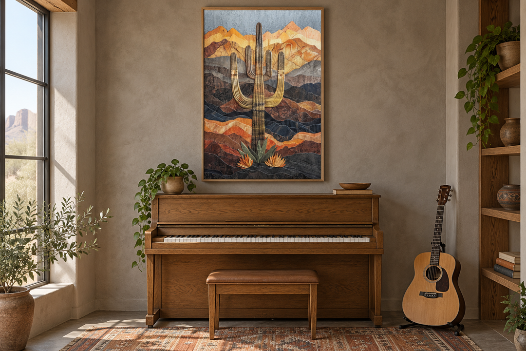 Framed wood-style wall art of a saguaro cactus in a desert landscape above a wooden piano.