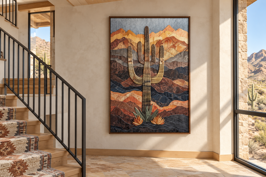 Saguaro cactus wood-style wall art in a walnut frame on a neutral wall near a staircase.