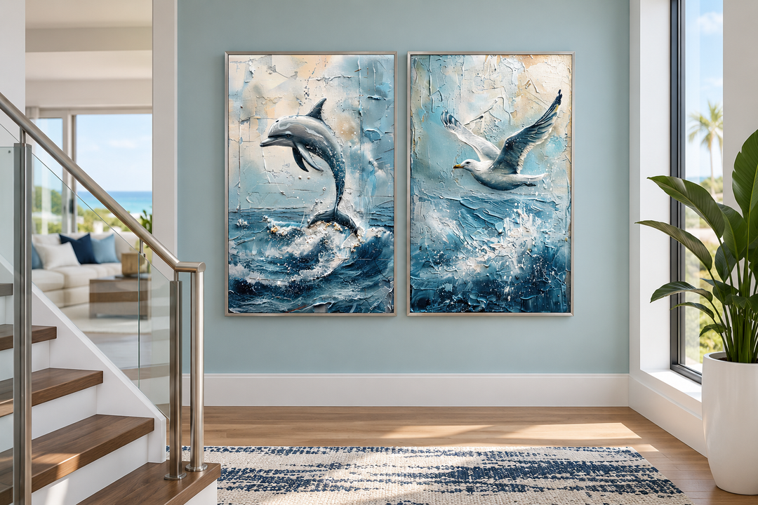 Set of 2 framed canvas wall art featuring a textured abstract dolphin and seagull in ocean waves.