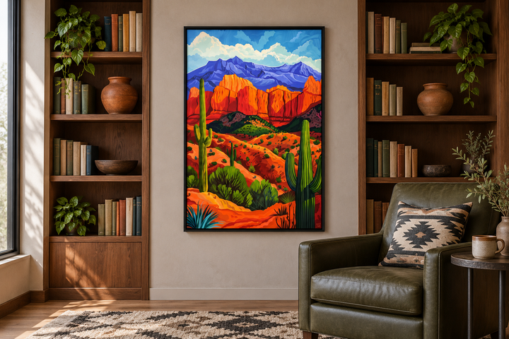Colorful desert and saguaro cactus framed canvas wall art in a cozy reading room with bookshelves.
