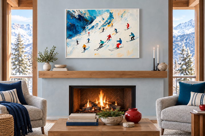 Colorful Skiers on Mountain Slope Framed Canvas Wall Art hanging above a cozy fireplace.