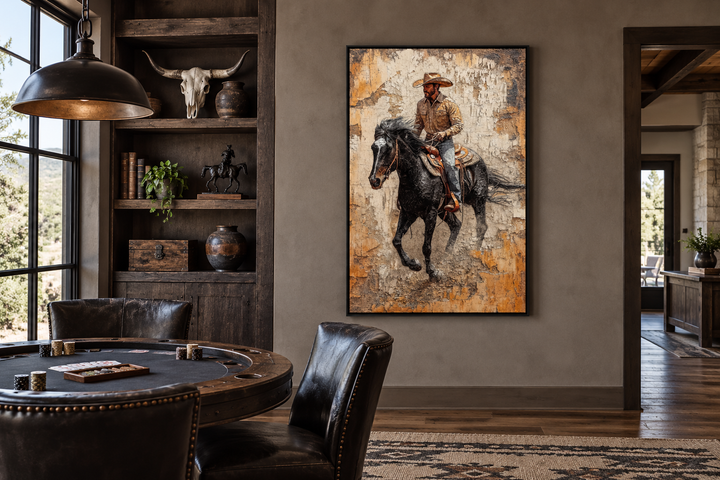 Framed canvas wall art of a cowboy riding a black horse in a rustic western-style poker room.