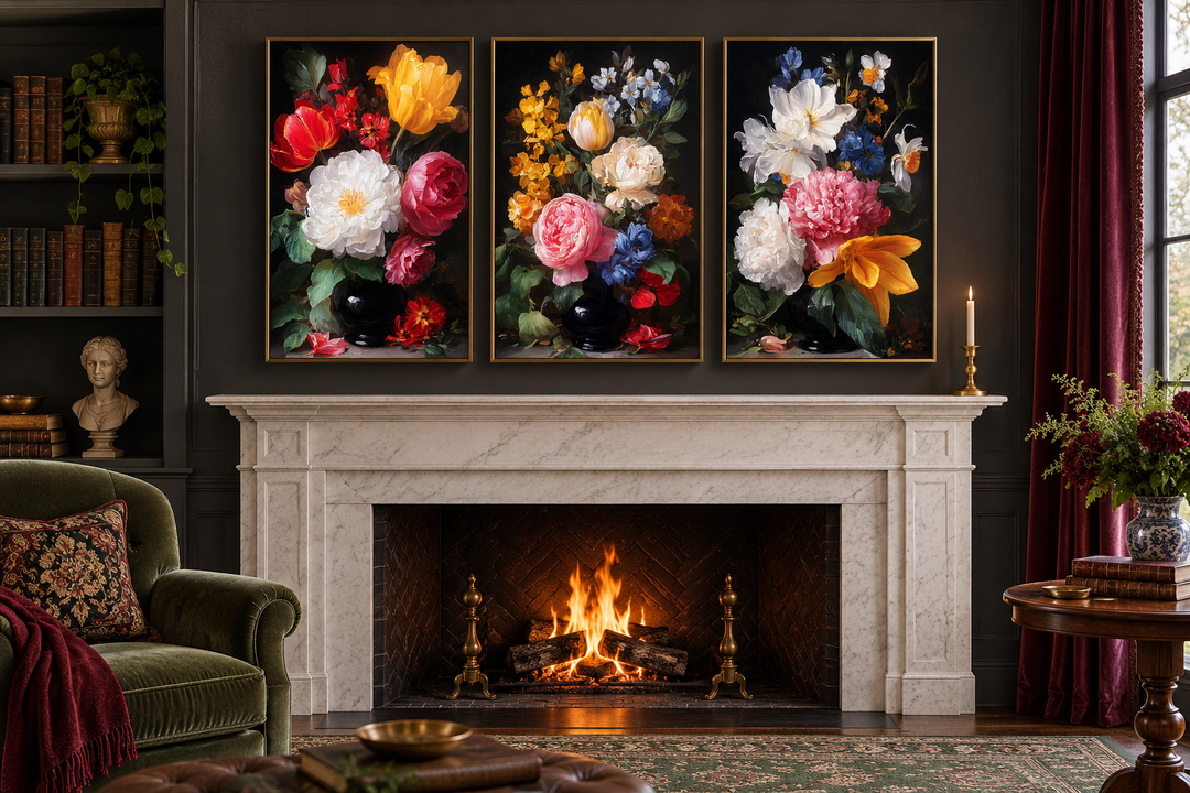 Set of 3 dark academia vintage botanical floral canvas prints displayed above a marble fireplace.