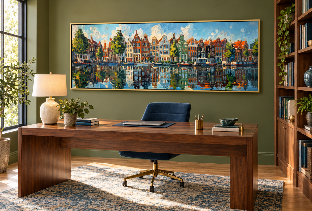 Dutch Houses And Canal Panoramic Framed Canvas Wall Art