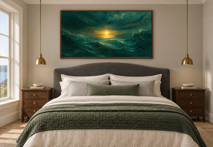 Abstract emerald green and gold ocean wave framed canvas wall art hanging above a bed.