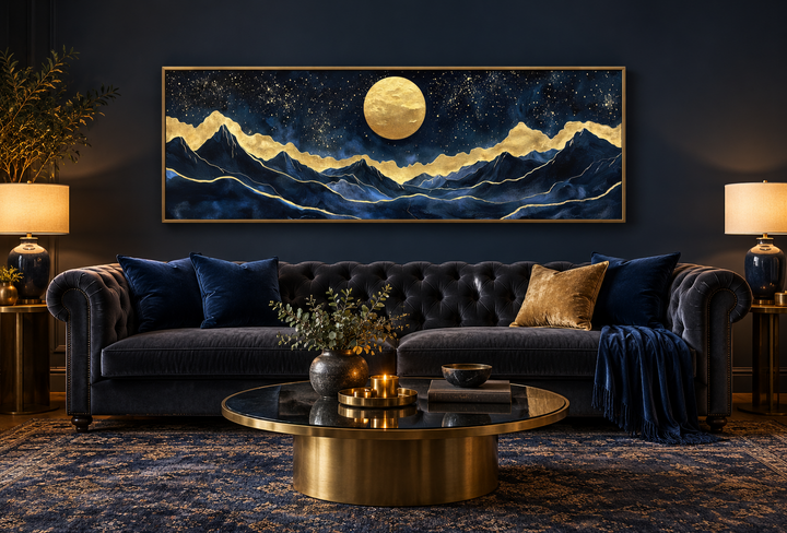 Panoramic moon mountain landscape canvas print in navy and gold above a dark velvet sofa.