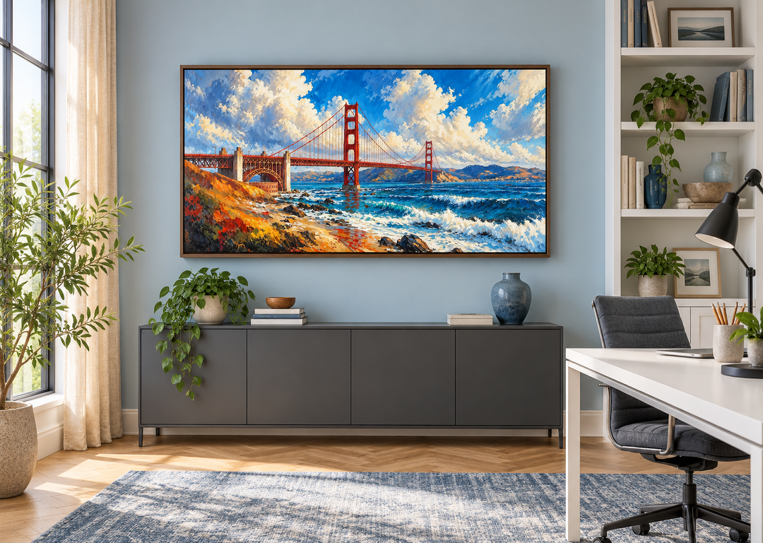 Framed oil painting of the Golden Gate Bridge in a modern home office with blue walls.